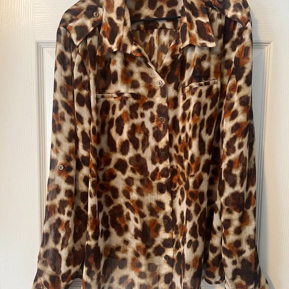 Jones New York Brown Leopard Print Sheer Long-Sleeve Button-Up Blouse! - Picture 1 of 6